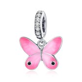 Zilveren hangende bedel Roze vlinder
