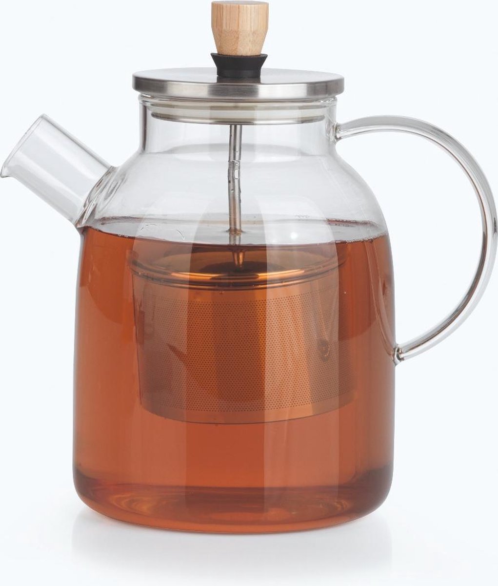 BEEM Teapot Glass, Glazen theepot met theefilter – 1,5L, Glas/Bamboo/RVS