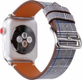 bandje geschikt voor Apple Watch leren bandje Pied-de-poule met klassieke zilverkleurige gesp 42mm-44mm zwart - wit- blauw Watchbands-shop.nl