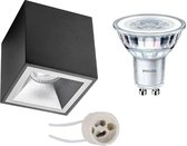 Opbouwspot Set - Pragmi Cliron Pro - GU10 Fitting - Opbouw Vierkant - Mat Zwart/Zilver - Verdiept - 90mm - Philips - CorePro 840 36D - 4.6W - Natuurlijk Wit 4000K - BSE