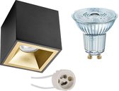 Opbouwspot Set - OSRAM Parathom PAR16 930 36D - Pragmi Cliron Pro - GU10 Fitting - Dimbaar - Opbouw Vierkant - Mat Zwart/Goud - 5.5W - Warm Wit 3000K - Verdiept - 90mm - BES LED