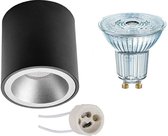 Opbouwspot Set - OSRAM Parathom PAR16 930 36D - Pragmi Cliron Pro - GU10 Fitting - Dimbaar - Opbouw Rond - Mat Zwart/Zilver - 5.5W - Warm Wit 3000K - Verdiept - Ø90mm - BES LED