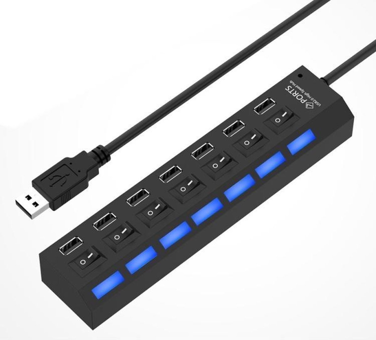 7 poorten USB Hub 2.0 USB-splitter High Speed 480 Mbps met AAN / UIT-schakelaar, 7 LED (zwart)