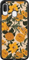 Samsung Galaxy A20e hoesje - Retro flowers - Hard Case - Zwart - Backcover - Bloemen - Geel