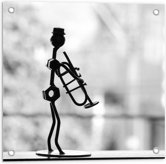 Tuinposter – Silhouet van Trompet Poppetje Zwart - Wit - 50x50cm Foto op Tuinposter  (wanddecoratie voor buiten en binnen)