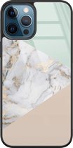 iPhone 12 hoesje glas - Marmer pastel mix - Hard Case - Zwart - Backcover - Marmer - Multi