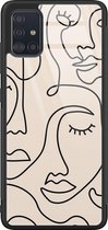 Samsung A51 hoesje glas - Abstract gezicht lijnen - Hard Case - Zwart - Backcover - Print / Illustratie - Bruin