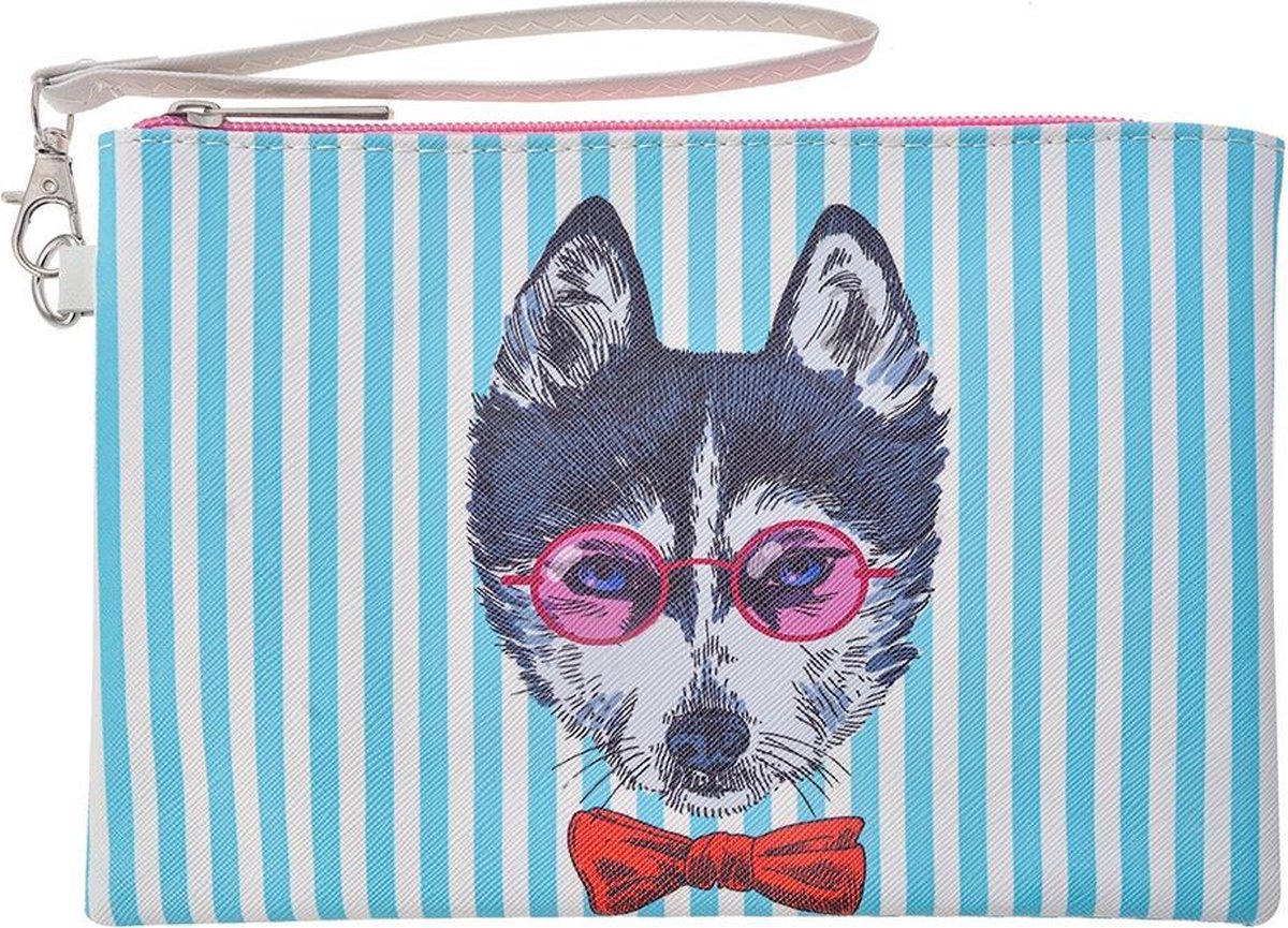 Melady Toilettas Dames 22x15 cm Blauw Wit Kunststof Rechthoek Hond