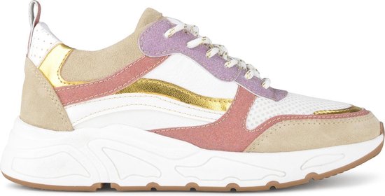 PS Poelman Carocel Ladies Suede Leather Mix Runner Baskets pour femmes - Beige Wit Glitter Lilas Rose Multi - Taille 36