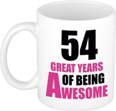 Mug 54 Great Years of Being Awesome Blanc et rose - Mug / tasse cadeau - 29e anniversaire / 54 ans