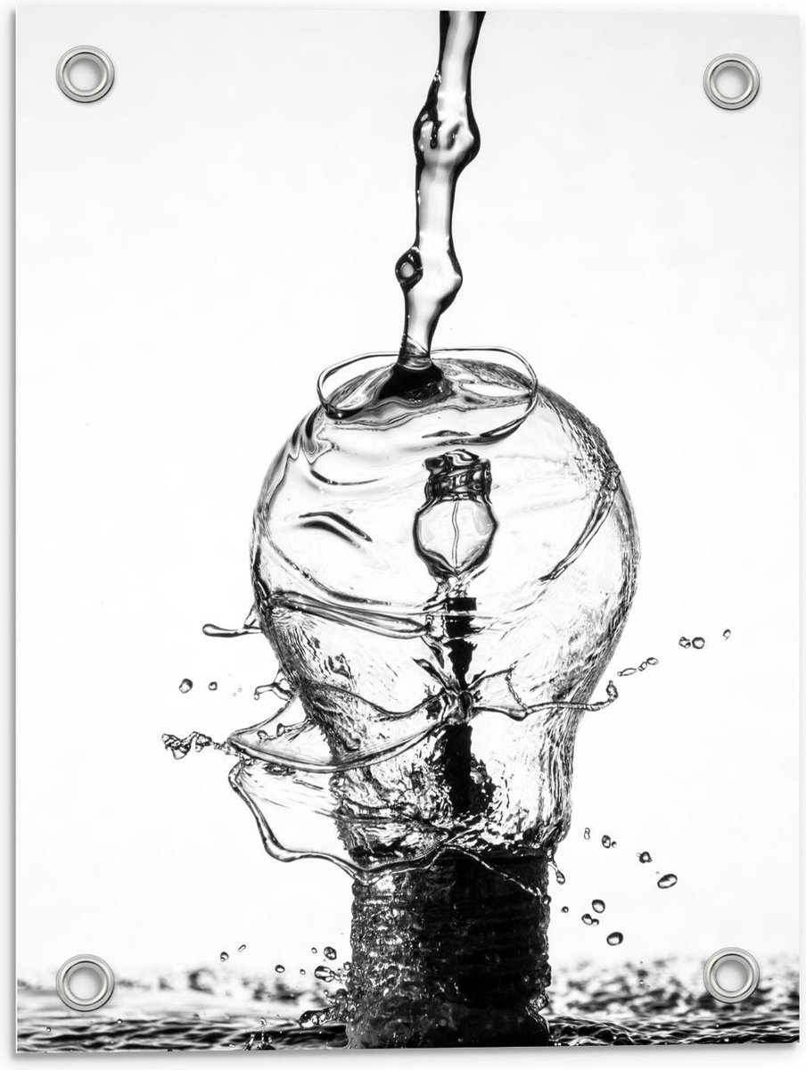 Tuinposter – Water over Gloeilamp (zwart/wit) - 30x40cm Foto op Tuinposter (wanddecoratie