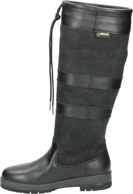 Zwarte leren en suède kniehoge laars met Gore-Tex logo, bandjes en veter.
