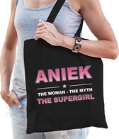 Naam cadeau Aniek - The woman, The myth the supergirl katoenen tas - Boodschappentas verjaardag/ moeder/ collega/ vriendin