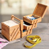 FSC® Bamboe houten Naaikist - Naaidoos opbergbox 5 vakken - Naaibox met Handvat - Compact uitklapbaar - Naaigarnituur Naaikoffer