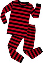 Elowel - Jongen en Meises Gestreepte Pyjama, 2 Delig, 100% Katoen, Comfortabel, Slim fit Broek | 8 Jaar | Rood en zwart