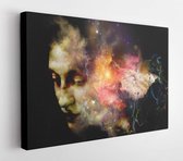 Onlinecanvas - Schilderij - Surrealistic Woman Portrait Made Leaves And Fractal Clouds Art Horizontal Horizontal - Multicolor - 75 X 115 Cm