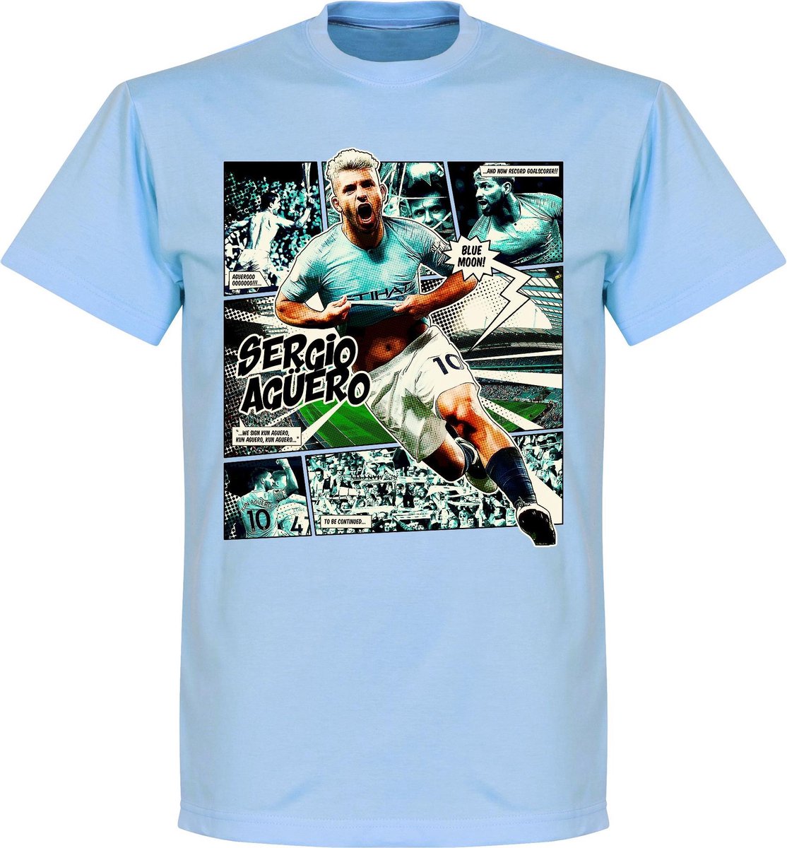 Sergio Aguero Comic T-Shirt - Lichtblauw - XXL