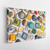 Collection of colorful Portuguese ceramic pottery, local craft products from Portugal. Ceramic plates display in Portugal. Colorful of vintage ceramic plates in Sagres, Portugal. - Modern Art Canvas - Horizontal - 1387908362 - 80*60 Horizontal