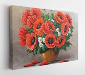 Oil paintings still life, bouquet of flowers in a vase on wooden background. Fine art - Modern Art Canvas - Horizontal - 1490273696 - 115*75 Horizontal