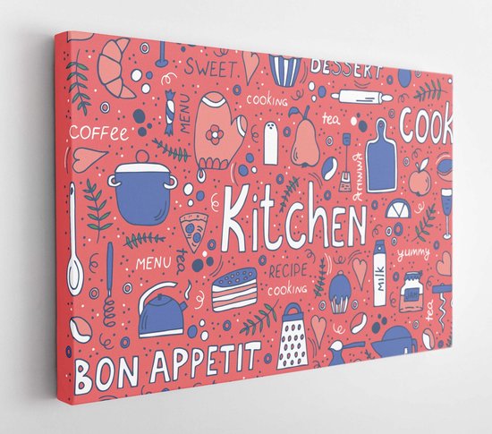 Kitchen utensils and food Doodle, hand drawn symbols and lettering. Colorful vector background.  - Modern Art Canvas - Horitonzal - 1296174436 - 40*30 Horizontal