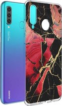 iMoshion Design voor de Huawei P30 Lite hoesje - Marmer - Gebroken Rood