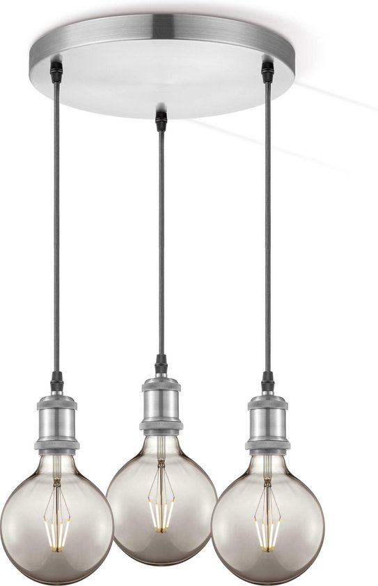 Home Sweet Home hanglamp geborsteld staal vintage rond - hanglamp inclusief 3 LED filament lamp G95 - dimbaar - pendel lengte 100 cm - inclusief E27 LED lamp - rook