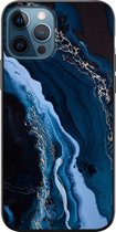 iPhone 12 hoesje siliconen zwart - Marmer blauw - Siliconen TPU case zwart - Marmer - Transparant, Blauw