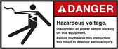 Danger Hazardous voltage disconnect all power sticker, ANSI, 2 per vel 70 x 160 mm