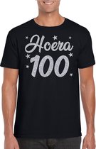 Hoera 100 jaar verjaardag cadeau t-shirt - zilver glitter op zwart - heren - cadeau shirt 2XL