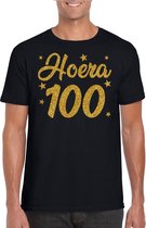 Hoera 100 jaar verjaardag cadeau t-shirt - goud glitter op zwart - heren - cadeau shirt L