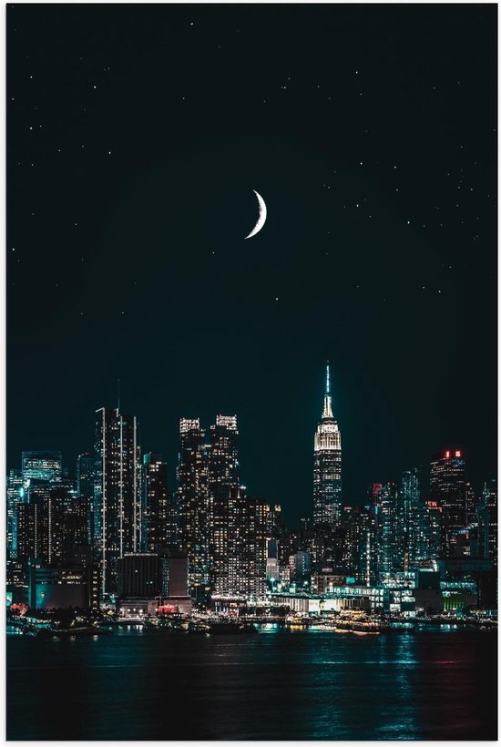 Poster – Mooie Maan boven Lichtgevende Stad - 40x60cm Foto op Posterpapier