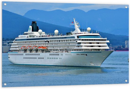 Tuinposter – Groot Cruiseschip Op de Blauwe Zee Met Bergen Op de Achtergrond - 120x80cm Foto op Tuinposter  (wanddecoratie voor buiten en binnen)
