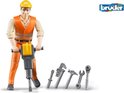 Figuur van een bouwvakker in oranje outfit, met gele helm, die een boorhamer vasthoudt. Vijf gereedschappen liggen ernaast.