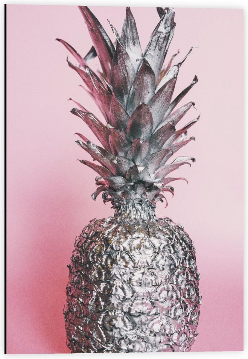 Dibond - Zilveren Ananas  met Roze Achtergrond - 40x60cm Foto op Aluminium (Met Ophangsysteem)