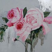 Schilderij - Handgeschilderd - Pioenrozen, roze, Olieverf, 100x100 cm.