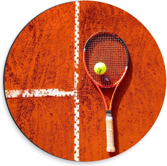 Dibond Wandcirkel - Oranje Tennis Racket / Baan - 30x30cm Foto op Aluminium Wandcirkel (met ophangsysteem)