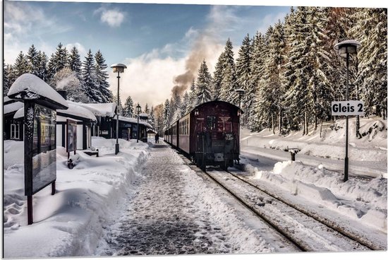 Dibond - Treinspoor Bedekt met Sneeuw - 90x60cm Foto op Aluminium (Wanddecoratie van metaal)