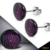 Aramat jewels ® - Ronde oorbellen zebra print paars zwart acryl staal 7mm