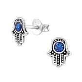 Aramat jewels ® - Zilveren oorbellen hamsa hand 925 zilver glitter blauw 7mm x 8mm