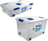 2x Opbergboxen/opbergdozen met deksel en wieltjes 31 en 55 liter kunststof transparant/blauw - Opbergbakken