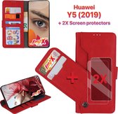 EmpX.nl Huawei Y5 (2019) Rood  Boekhoesje en 2x Screen Protector | Portemonnee Book Case | Met Multi Stand Functie | Kaarthouder Card Case | Beschermhoes Sleeve | Met Pasjeshouder