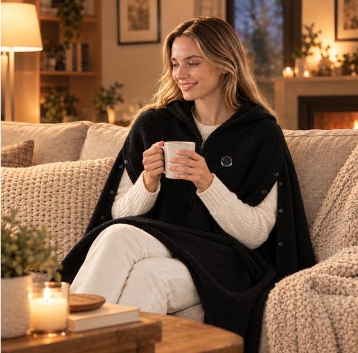 Verwarmde Hoodie Deken - 3 Standen - Warmtedeken - Verwarmde Hoodie Dames en Heren - USB-oplaadbaar - Cape-Warmtedeken Oplaadbaar -Kan verwarmd worden met mobiele stroom - voor kantoor, bank, reizen en kamperen - zwart – foto 6