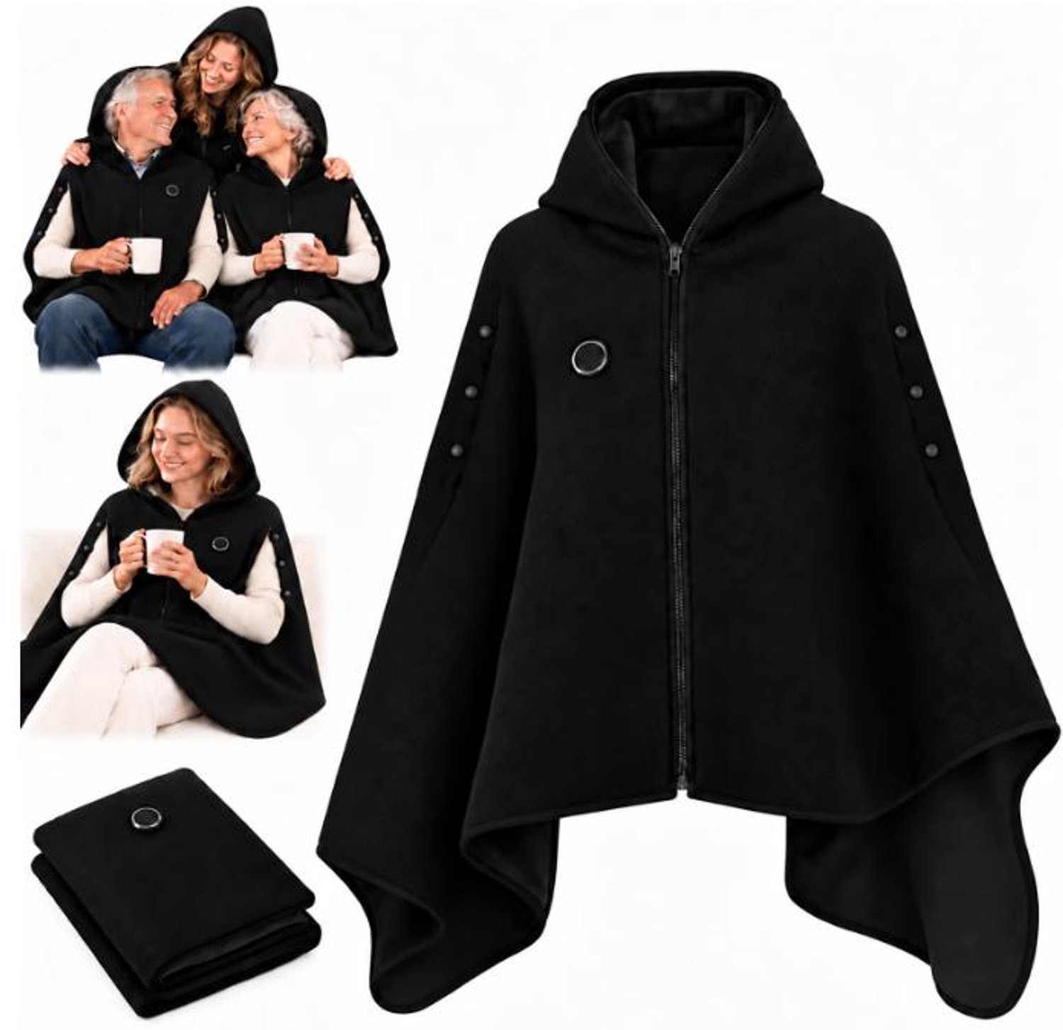 Verwarmde Hoodie Deken - 3 Standen - Warmtedeken - Verwarmde Hoodie Dames en Heren - USB-oplaadbaar - Cape-Warmtedeken Oplaadbaar -Kan verwarmd worden met mobiele stroom - voor kantoor, bank, reizen en kamperen - zwart – foto 3