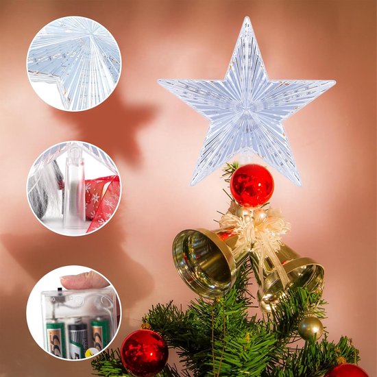Kerstster Als Piek Voor de Kerstboom, Gouden Kerstboom Piek in de Vorm Van Een Ster, Decoratie op Batterijen Voor Kerstbomen Binnenshuis.