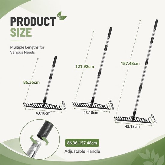 Verstelbare en verwijderbare tuinhark met steel, 86-167 cm, ideaal voor het losmaken van grond, egaliseren en verzamelen van bladeren en mulch — afbeelding 5