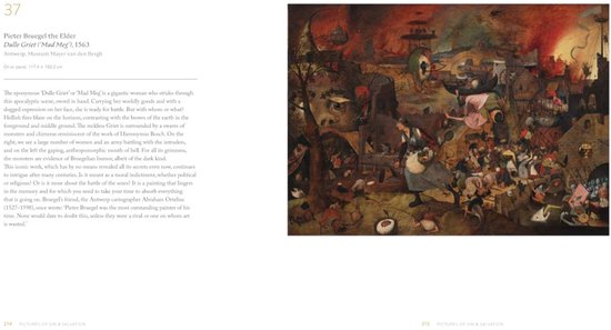 Pagina 214-215 met 'Dulle Griet' van Pieter Bruegel de Oude, een apocalyptisch tafereel vol monsters en figuren.