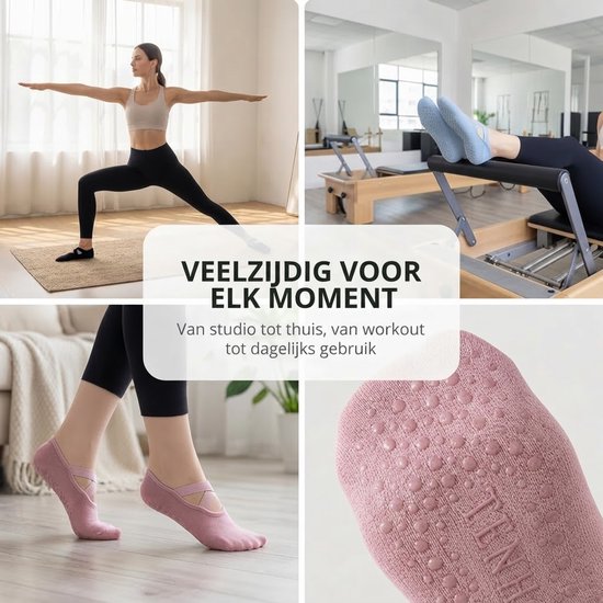 Sogiol® 3-Pack Yoga Sokken Antislip Dames - Gripsokken Pilates Yogasokken - Ademende Fitness- en Danssokken - One Size - Zwart, Grijs, Roze — afbeelding 4