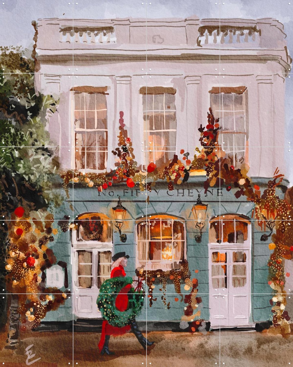 IXXI London Festive Streets, Ekaterina Zagorska - 80 x 100 cm - Grote wanddecoratie en posters - Schilderijen, Gang, Woonkamer, Seizoensgebonden Blauw