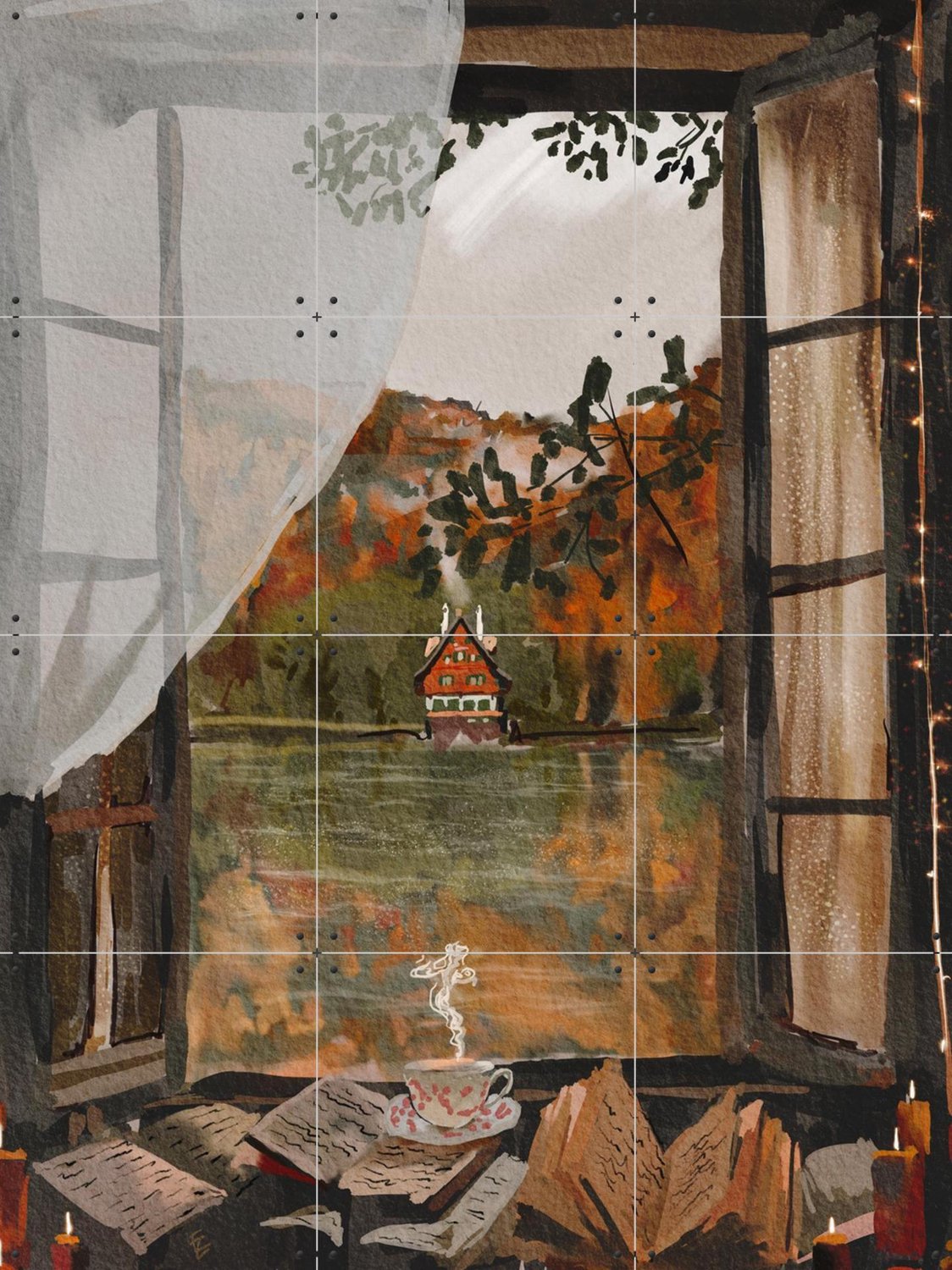 IXXI Moody Autumn, Ekaterina Zagorska - 60 x 80 cm - Grote wanddecoratie en posters - Schilderijen, Gang, Woonkamer, Meer, Landschappen, Natuur Groen