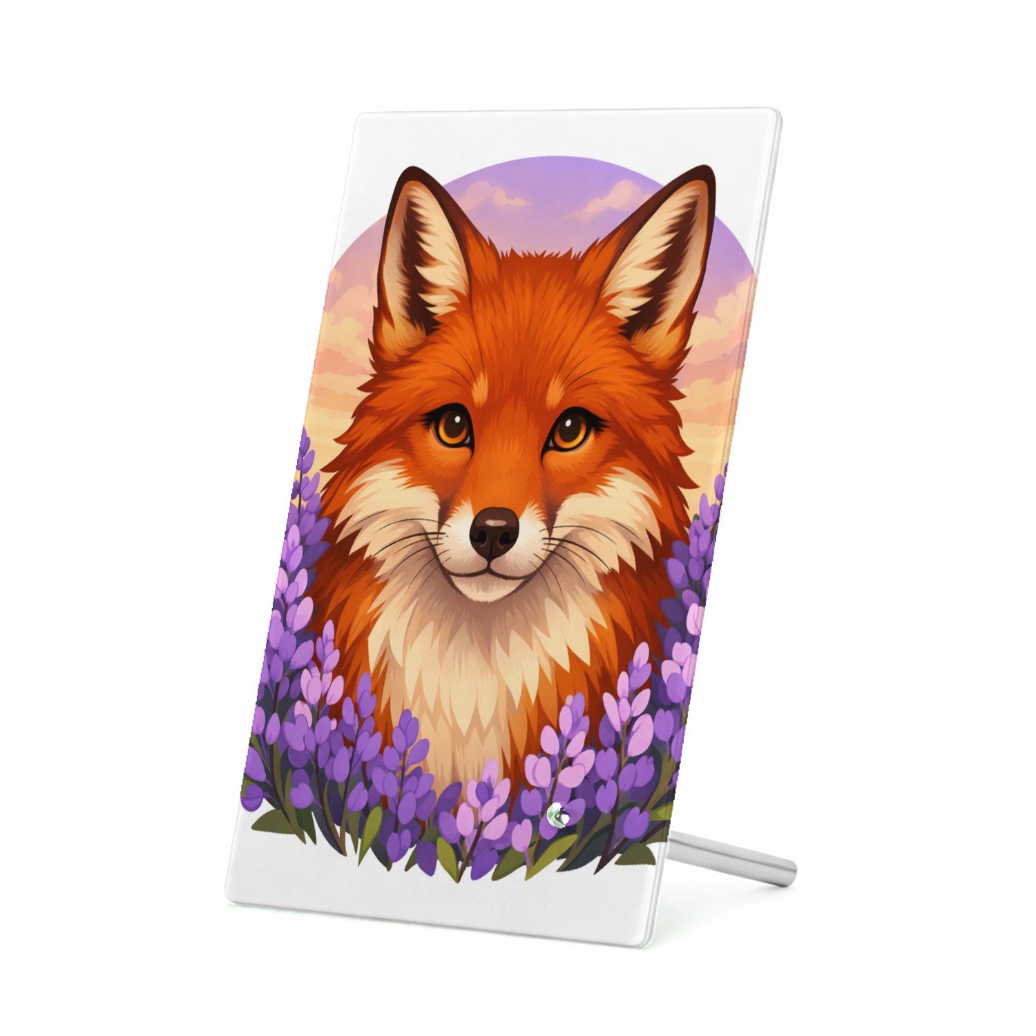 Mr Cadeautjes Glasframe 11 x 16 - design Frontaal portret van een vos in een veld van paarse bloemen | cadeau Wit
